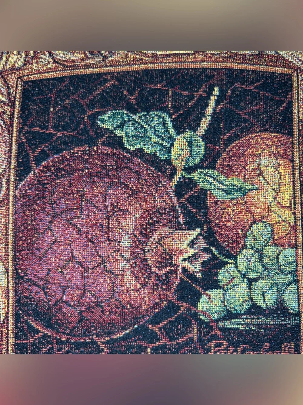 Vtg Riddle Home Tapestry Fruit Throw Pillow Fringes Woven Pat Campbell Weavetec